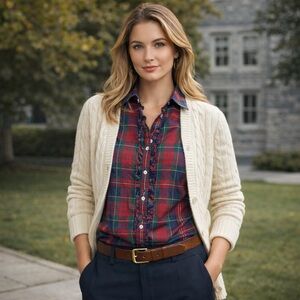 VTG Lauren Ralph Lauren Red Blue Plaid Ruffled Button Up Shirt NWOT M Preppy